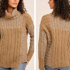 NWT Hem & Thread Colorblock Patchwork Turtleneck Sweater (Beige/Tan)